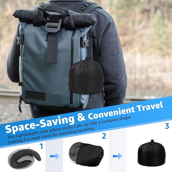 Travel Pillows for Airplanes Ergonomic Memory Foam Neck Pillow for Travel - 360° Head & Neck Support for Sleeping on Flights, Cars, Trains & Office (Gray-2)