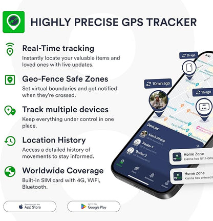Highly Precise GPS Tracker for Keys, Backpack, Luggage & Kids – Built-in SIM, SOS Button - Smart Tag with Real-Time Tracking, Waterproof, iOS & Android Locator Device (4-Mo Subscription Included)