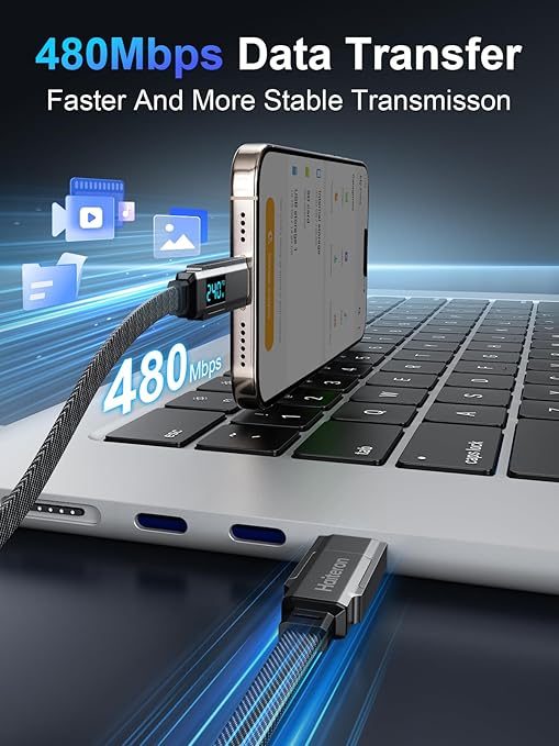 4 in 1 Charging Cable 3FT,240W USB C to USB C Cable Fast Charging Flat Braided iPhone Charger Cord Combo USB A/C to C/L with LED Display, Type C Charging Cord for iPhone 16/15,MacBook,iPad