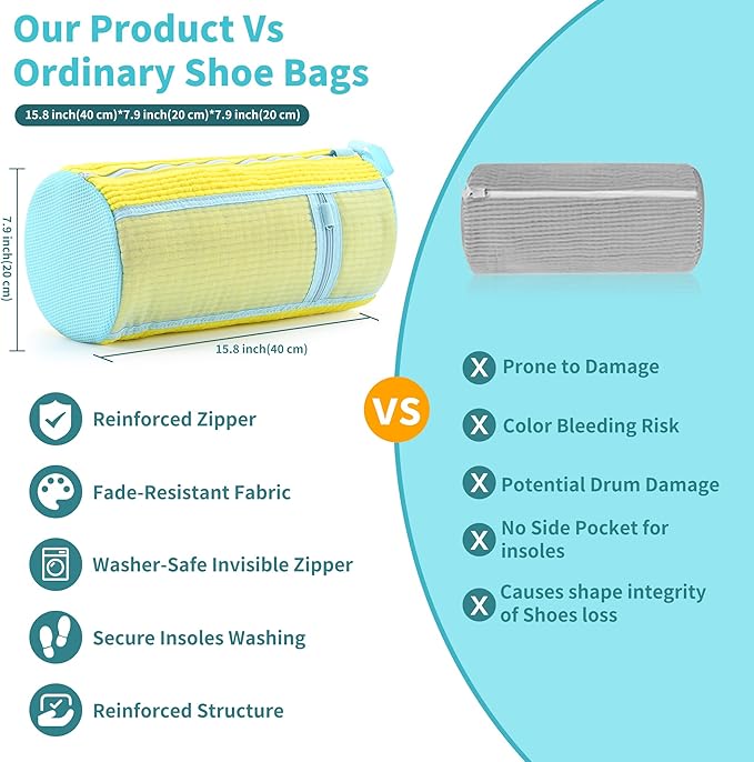 Shoe Washing Machine Bag: 2 pcs Shoe Bag for Washing Machine and dryer - Durable Zipper - 360° Deep Clean - Reusable laundry Bag for Sneaker/Slippers/Tennis/Runing Shoes & Insole(Yellow)