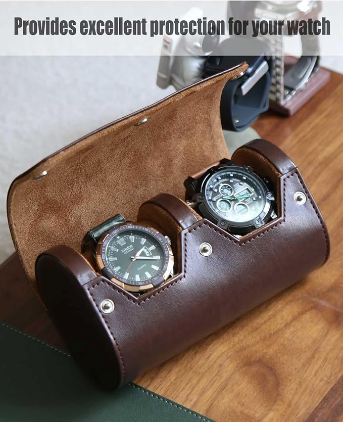 Premium Leather Travel Case, Variable Size Pillow Design, Roll Organizer for Men and Women, Brown 2 Slot Portable Storage Box With Faux Suede Fabric Lining