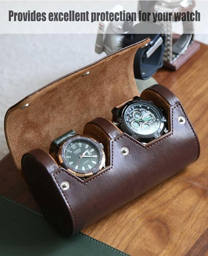 Premium Leather Travel Case, Variable Size Pillow Design, Roll Organizer for Men and Women, Brown 2 Slot Portable Storage Box With Faux Suede Fabric Lining