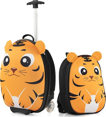 HONEY JOY Kids Luggage, 12” Children Hardshell Backpack & 16” Toddler Travel Rolling Suitcase, 2 Pcs Lightweight Carry On Luggage Set, Kids Luggage with Wheels for Girls & Boys(Orange Tiger)