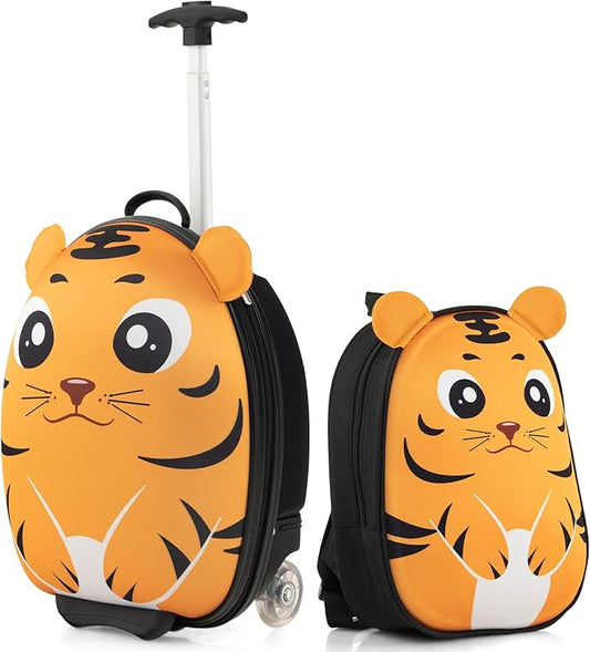 HONEY JOY Kids Luggage, 12” Children Hardshell Backpack & 16” Toddler Travel Rolling Suitcase, 2 Pcs Lightweight Carry On Luggage Set, Kids Luggage with Wheels for Girls & Boys(Orange Tiger)