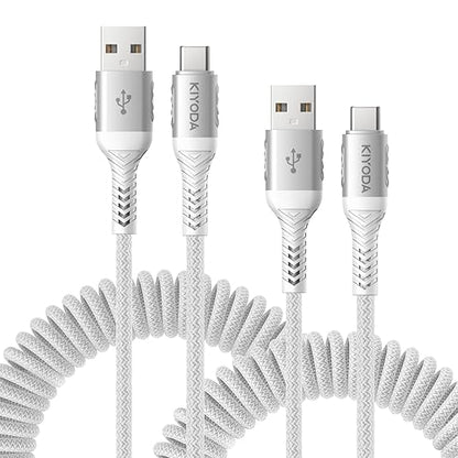 USB A to USB C Cable Fast Charging 66W, 2Pack 3FT Coiled Braided USBC Phone Charger Cables for Car, Short USB to USB Type C Cord for iPhone 17 16 15 Pro Max, Samsung Galaxy S24 S23 and More-Silver