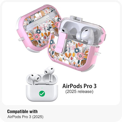 WENEW for AirPods Pro 3 Case (2025) Cover Secure Lock Automatic Snap Switch Clip Cleaner Kit Lanyard Women Stylish Flower Hard Shell Full Body Front LED Visible (Pink Flower, AirPods Pro 3)