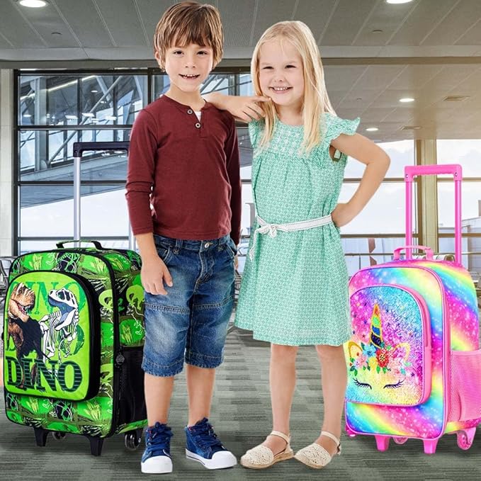Kids Luggage for Boys and Girls, Cute Dinosaur Unicorn Rolling Wheels Suitcase for Toddler Children