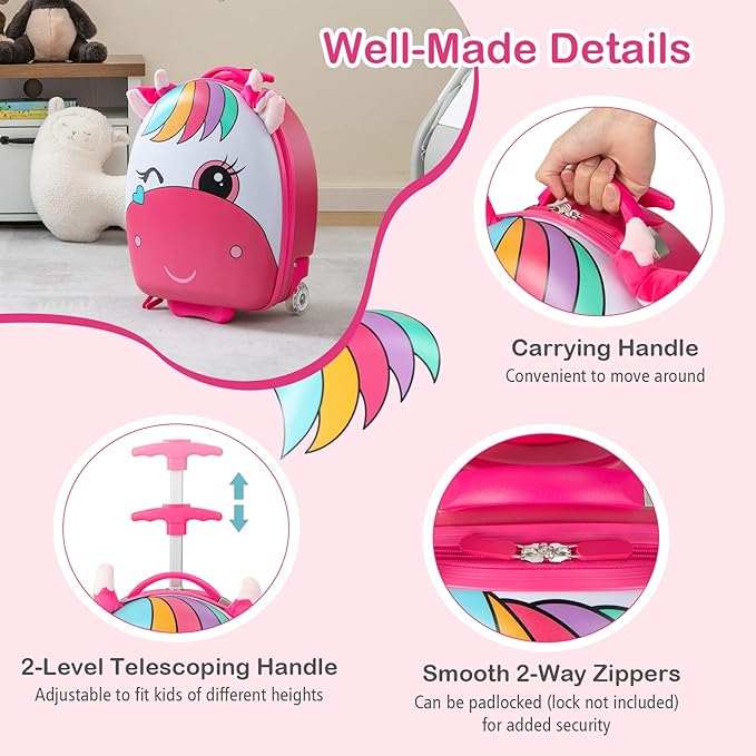 HONEY JOY Kids Luggage, 16” Children Rolling Suitcase w/Light-up Wheels & Telescopic Handle, Hard Shell Lightweight Travel Luggage for Toddlers, Carry On Luggage with Wheels for Boy Girl(Pink Unicorn)