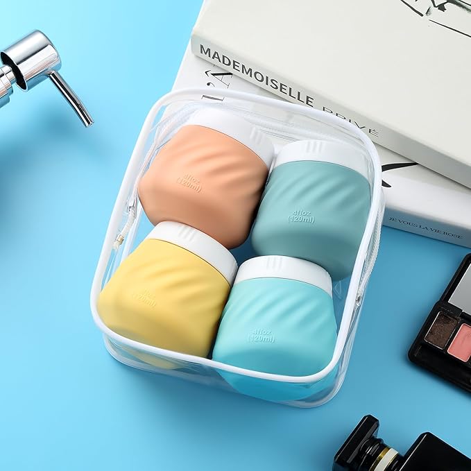 Gemice 4 OZ Travel Size Containers for Toiletries, 4-Pack Leak-Proof Silicone Slime Jars with Lids, BPA Free Small Round Cosmetic Slime Container for Lotion, Cream, Ointments, Travel Essentials