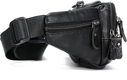 Black Leather Fanny Pack for Men & Women, Fashionable Multi-Pockets Waist Belt Bag for Travel Sports Hiking Cycling Fishing Running