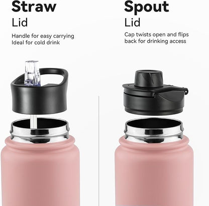 Insulated 24oz Stainless Steel Metal Water Bottle with Straw & Wide Mouth Lid, Double Wall Vacuum Bottle for Hiking & Camping, Pink 8 Pack