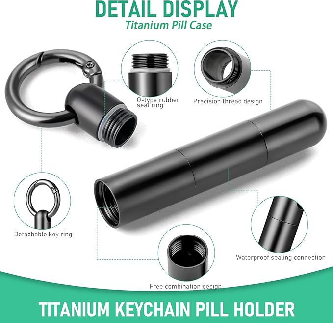 TISUR Keychain Pill Holder, Titanium Pill Case Small Pill Organizer Waterproof Pill Box, EDC Portable Pill Container Metal Tube for Travel Purse Outdoor