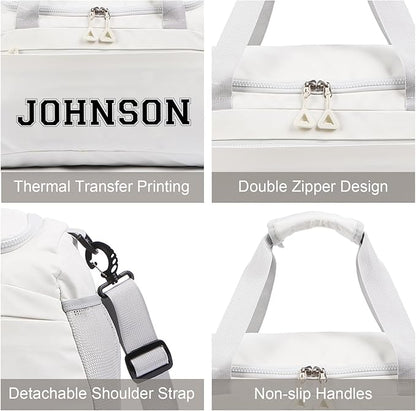 Personalized Duffel Bag Custom Sport Gym Travel Bags Embroidered Name Text Customized Dry Wet Separated Weekend Waterproof Bag for Women Men (A-White)