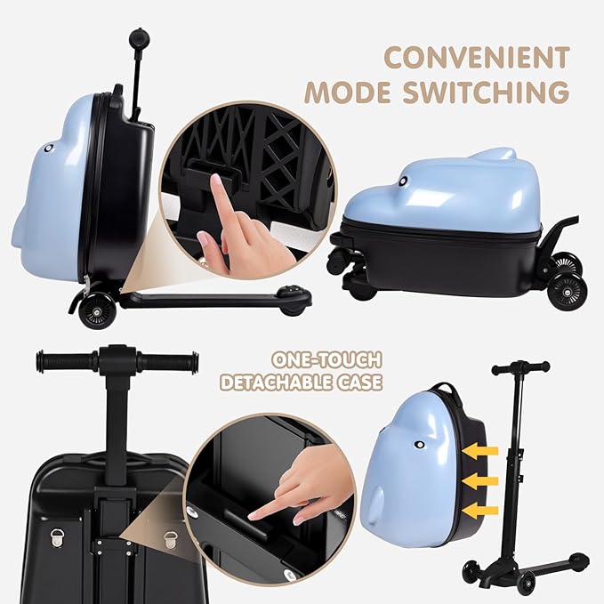 smilesun 4-in-1 Detachable Scooter Suitcase for Kids & Teens, 3D Owl/Dolphin Hardside Ride-On Luggage, Lightweight Foldable Design, Unique Travel Gift for Children (Dolphin, 22-inch)