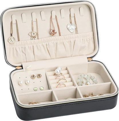 Women's Compact Jewelry Organizer PU Leather Travel Case with Secure Zipper and Soft Interior Perfect for Gifts or Personal Use Black