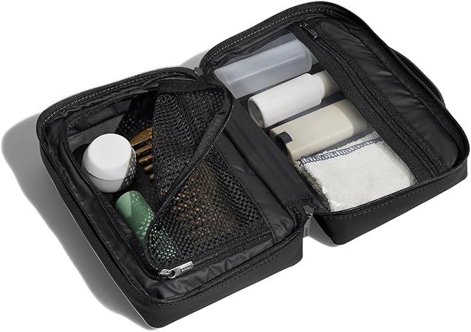 Away Small Toiletry Bag, Travel Essentials Organizer with Mesh and Clear Pockets, Waterproof, Easy to Clean, Compact Travel Pouch, Jet Black