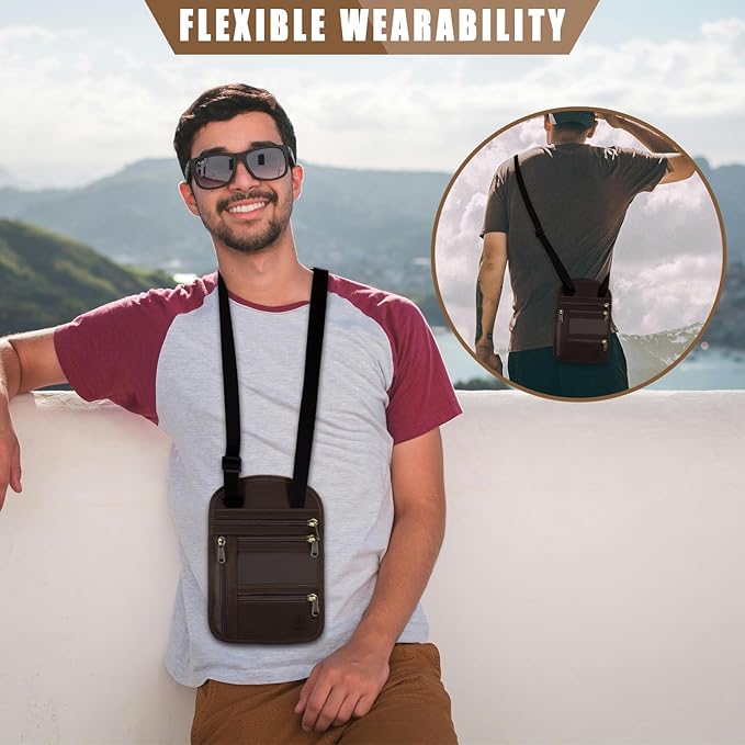 Ringsun Genuine Leather Passport Holder For Travel, RFID Blocking Slim Neck Wallet with Adjustable Strap for Women and Men, Travel Essentials to Keep Cash, Credit Cards and Documents Safe, Red Brown