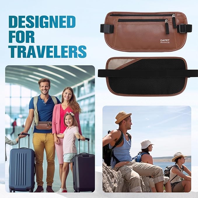 PU Leather Money Belt - Passport Holder Secure Hidden Travel Wallet with RFID Blocking, Undercover Fanny Pack(Brown)