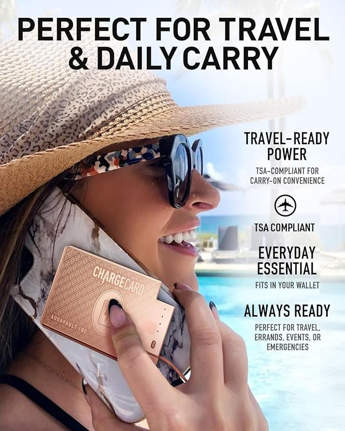 AquaVault ChargeCard – Ultra Slim Emergency Power Bank (2300mAh) – Fits in Wallet – USB-C & Micro-USB – Durable Steel Body – Flight-Safe for iPhone 12-17 & Android - Rose Gold