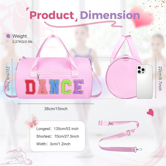 Dance Bag for Girls, KUIRAN 23L Waterproof Travel Duffel Bag with Colorful Chenille Letter, Lightweight Small Gym Sport Ballet Bag Weekender Bag with Large Main Compartment - Pink