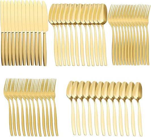 Gold 60-Piece Silverware Set,Stainless Steel Flatware Utensils Cutlery Set for 12,Including Steak Knife Fork and Spoon,Dishwasher Safe,Modern Tableware for Home & Dining