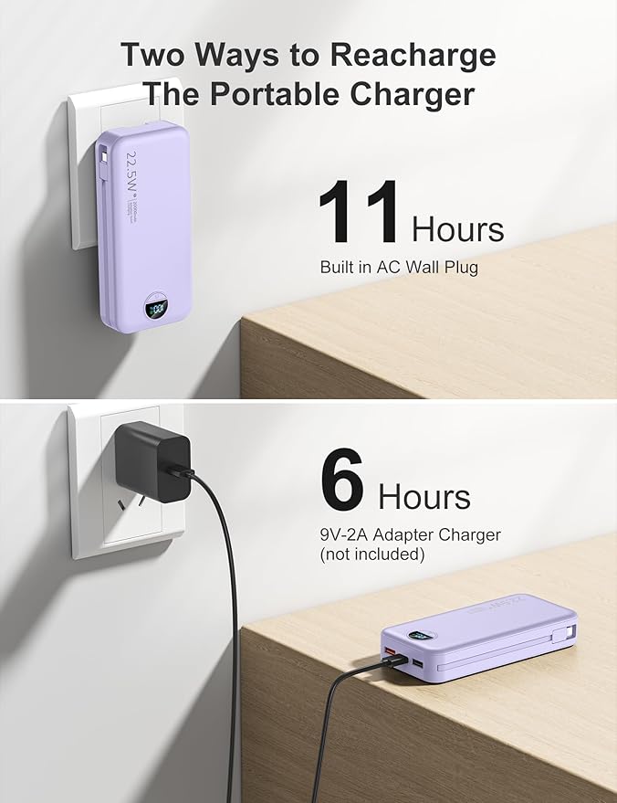 20000mAh Ultra-Portable-Charger-Power-Bank PD20W with Built in Cables&AC Wall Plug,Fast Charging Cell Phone Charger Battery Pack,LED Display Travel Battery Bank for All iPhone,Samsung,Android