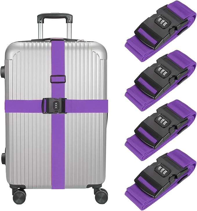 MECCANIXITY Luggage Straps with Combination Lock Adjustable Suitcase Belt Strap for Suitcase Briefcase Backpack Travel, Purple, Pack of 4