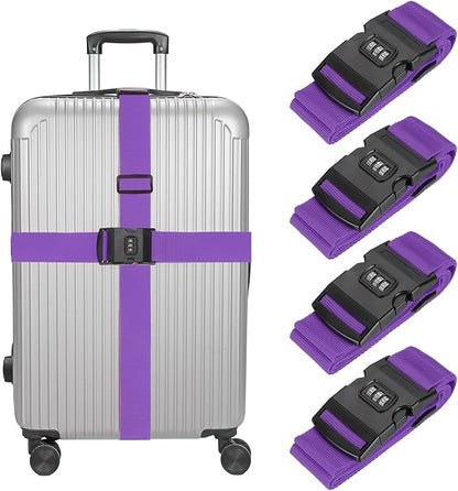 MECCANIXITY Luggage Straps with Combination Lock Adjustable Suitcase Belt Strap for Suitcase Briefcase Backpack Travel, Purple, Pack of 4