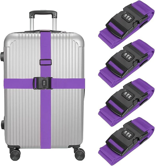 MECCANIXITY Luggage Straps with Combination Lock Adjustable Suitcase Belt Strap for Suitcase Briefcase Backpack Travel, Purple, Pack of 4