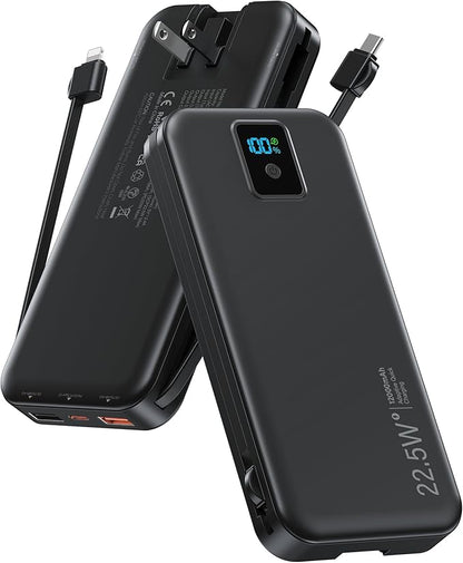 Portable Charger, 12000mAh 22.5W Fast Charging Power Bank with Built-in Cables & Wall Plug, Travel Essentials Battery Pack with LED Display, USB C External Battery Bank for iPhone iPad, Samsung Black