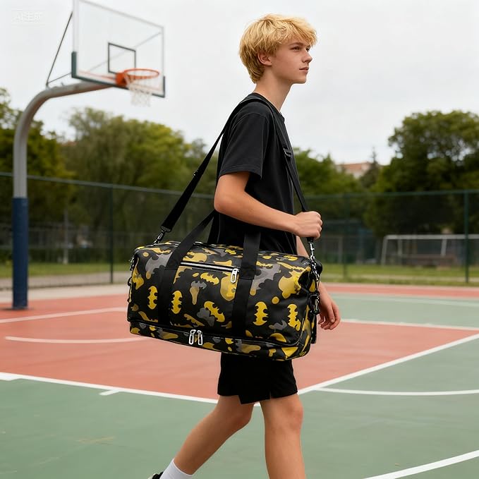 BATMAN Durable Travel Duffel Bag with Bold Yellow and Black Camouflage Pattern, Spacious Interior for All Essentials, Adjustable Shoulder Strap, Reinforced Handles,Stylish Design for Every Traveler