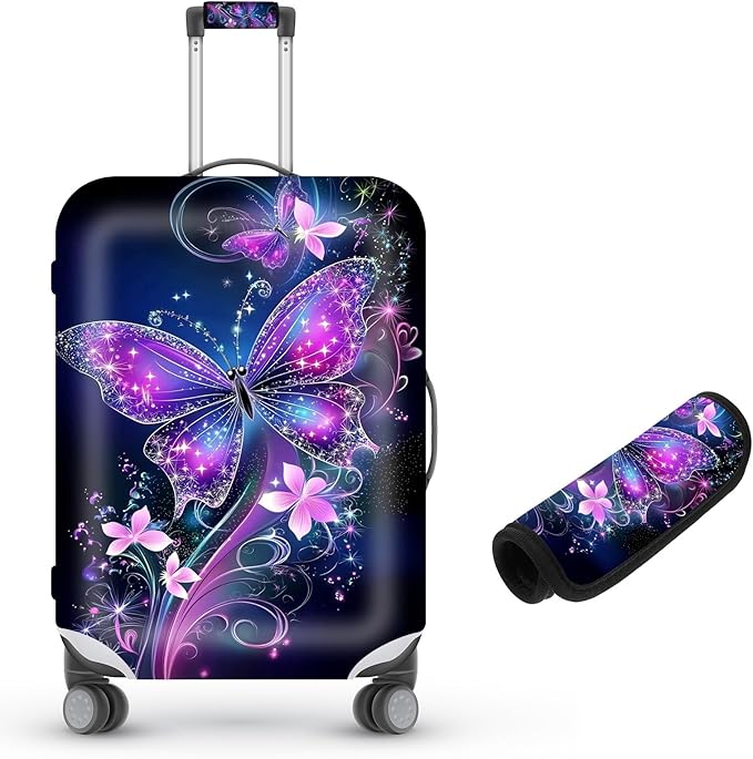 Suitcase Cover for Luggage 29-32 Inch, Washable Elastic Anti-Scratch Luggage Protector, Durable Zipper Baggage Cover with Handle Wrap, Travel Accessories for Suitcase,Sparkling Purple Butterfly