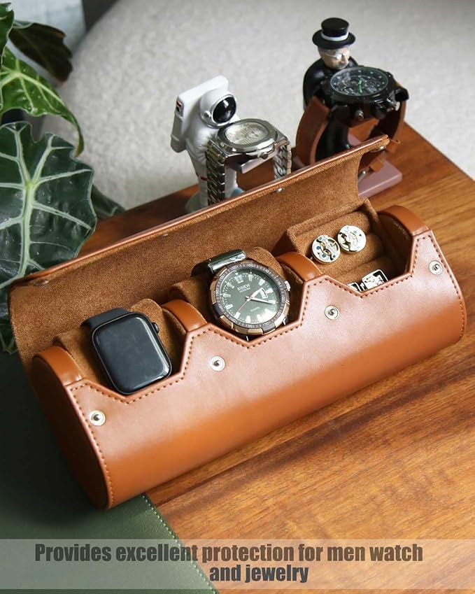 PU Leather Watch and Cufflink Travel Case - 2 Watch and Cufflink Organizer Set, Portable Storage Box for Men Gift