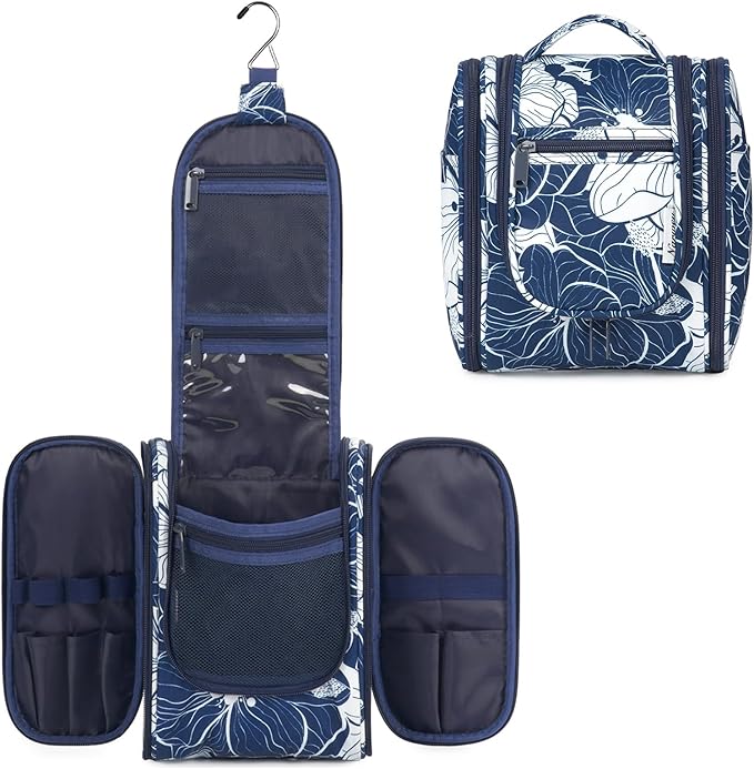 Narwey Small Hanging Travel Toiletry Bag Cosmetic Make up Organizer for Women and Men (Medium, Blue Lotus)
