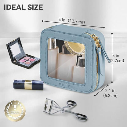 Prite Small Makeup Bag for Women Portable Clear Makeup Bag Cute Mini Waterproof Travel Cosmetic Bag with Gold Zipper for Car Essentials(Blue)
