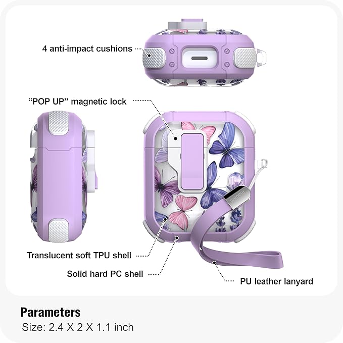 WENEW Case for AirPods 1 & 2 Case Cover Secure Lock Automatic Snap Switch Clip Cleaner Kit Lanyard Women Stylish Flower Armor Hard Shell (Butterfly, AirPods 1st & 2nd)