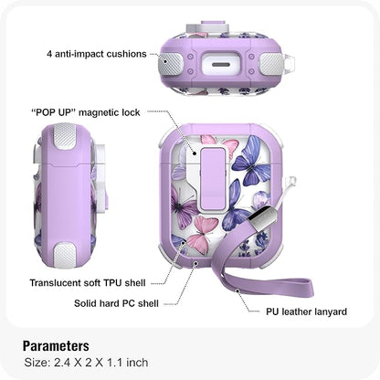 WENEW Case for AirPods 1 & 2 Case Cover Secure Lock Automatic Snap Switch Clip Cleaner Kit Lanyard Women Stylish Flower Armor Hard Shell (Butterfly, AirPods 1st & 2nd)