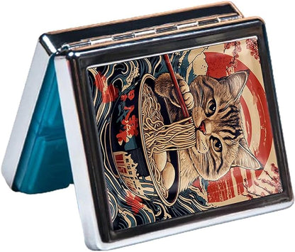 7 Days Chromed Shiny Silver Pill Organizer with Mirror Inside Has 8 Separate Compartments Rectangle,Versatile Storage for Medication - Ideal Travel Accessory (A cat Eating Noodles)