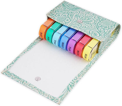 Pill Organizer,LIZIMANDU Weekly Travel Pill Case Box Medication Reminder Daily AM PM, Day Night 7 Compartments,for 4 Times A Day, 7 Days a Week-Includes Leather PU Carrying Case(1-Carved Green2)