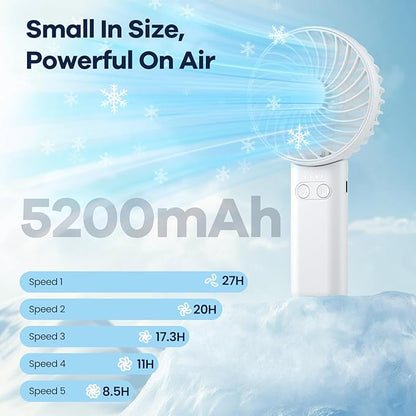 HandFan 5200mAh Portable Handheld Fan, Rechargeable Hand Fan, Battery Operated 8.5-27hrs, Personal USB Foldable Fan, Travel Essential Gifts for Women/Girls/Friends (White)