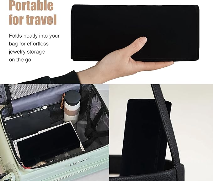 Velvet Travel Jewelry Case Roll Bag Organizer for Necklace Bracelet Earrings Ring (Black)