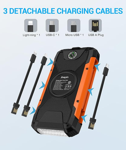 Solar Charger Power Bank -38600mAh Solar Phone Charger Built in 3 Cables Waterproof Outdoor External Battery Pack with 4 Outputs 2 Inputs USB C 15 W Powerbank with Camping Light Compass