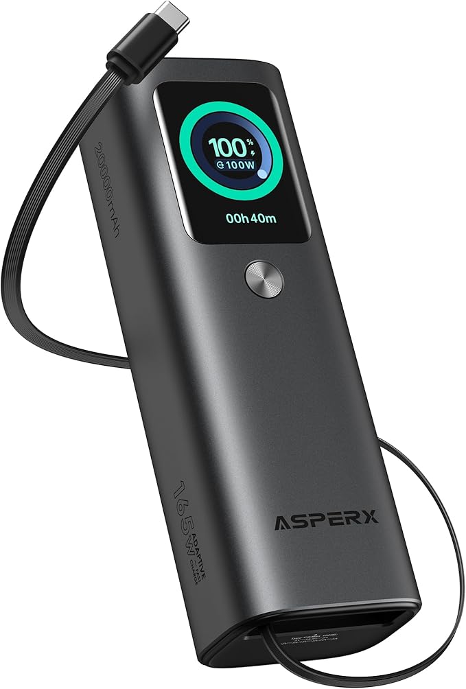 AsperX Laptop Power Bank, 165W 20,000mAh, Retractable Cables, Aluminum Alloy Unibody Portable Charger Power Bank, Battery Bank for MacBook Pro/Air/iPhone 17/iPad Pro/S25 Ultra/Dell/HP(TSA-Approved)