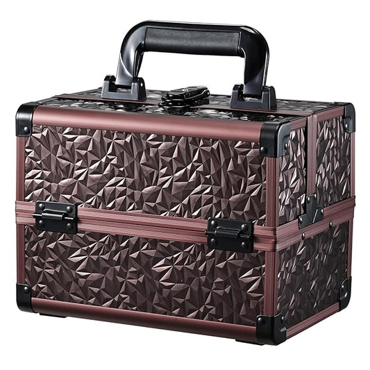 Joligrace Makeup Train Case Cosmetic Box Portable Makeup Case Organizer 2 Trays Makeup Storage with Mirror Locking for Cosmetologist Aesthetic Supplies Nail Tech Traveling Makeup Box Dark Brown