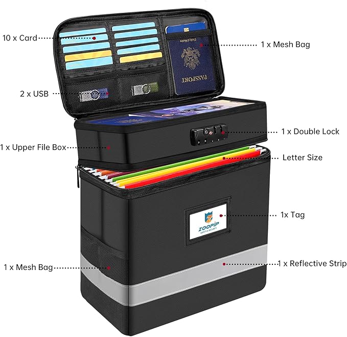 Fireproof File Box with Lock, 2 Layer Document Box Storage Organizer, Suitable for Hanging File Folders in Letter Size, Collapsible File Box, Reflective Strip for Fast Find (12.2*6*12.2, Black)