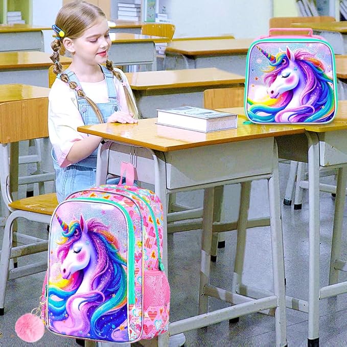 WZLVO 3PCS Kids Backpack for Girls, Unicorn Dinosaur Animal Prechool Elementary Kindergarten School Bookbag with Lunch Box