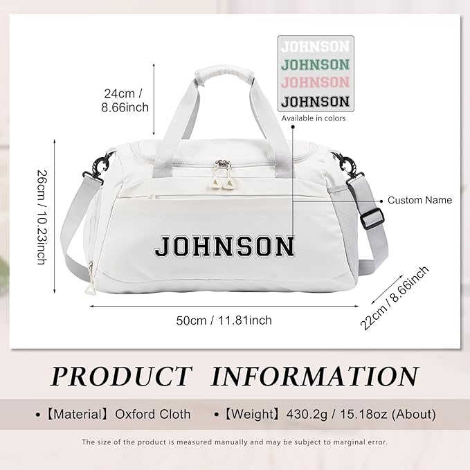 Personalized Duffel Bag Custom Sport Gym Travel Bags Embroidered Name Text Customized Dry Wet Separated Weekend Waterproof Bag for Women Men (A-White)