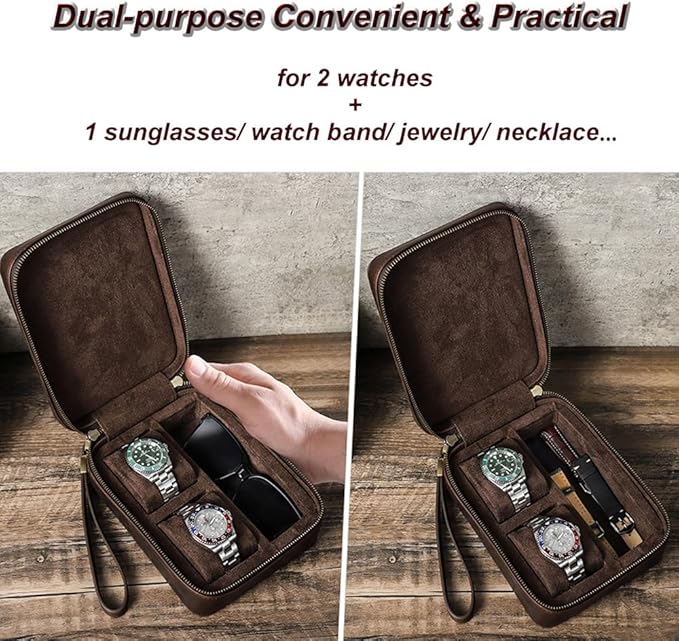 CONTACTS Full Grain Leather Watch and Glasses Case for Men Travel Jewelry Organizer for 2 Watches and Watch Straps or 1 Sunglasses Holder