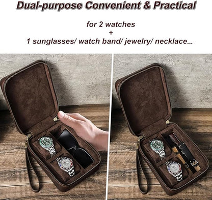 CONTACTS Full Grain Leather Watch and Glasses Case for Men Travel Jewelry Organizer for 2 Watches and Watch Straps or 1 Sunglasses Holder