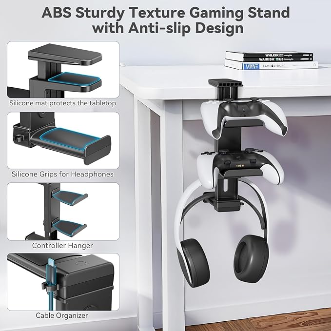 Controller Holder & Headphone Stand Under Desk with Adjustable Clamp, Controller Stand&Headset hanger for Desk Mount with 360° Rotating Hook & Cable Organizer, 3-in-1 Gaming Accessories Organizer